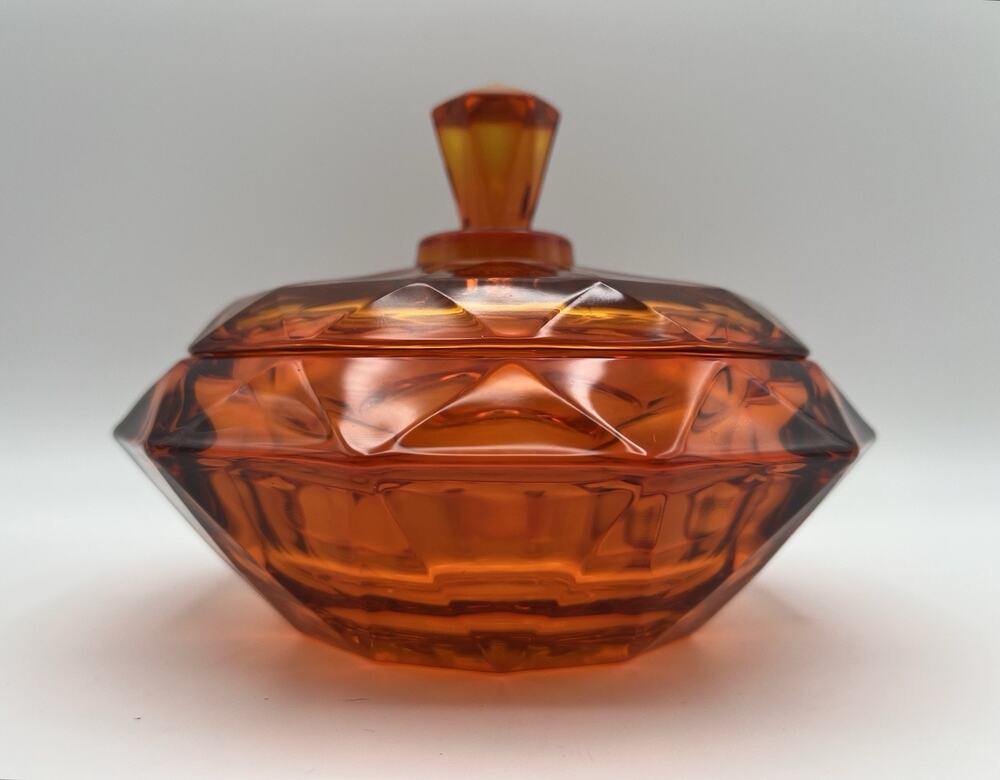 Viking Glass Persimmon Diamond Point Candy Dish with Lid 7” Vintage MCM